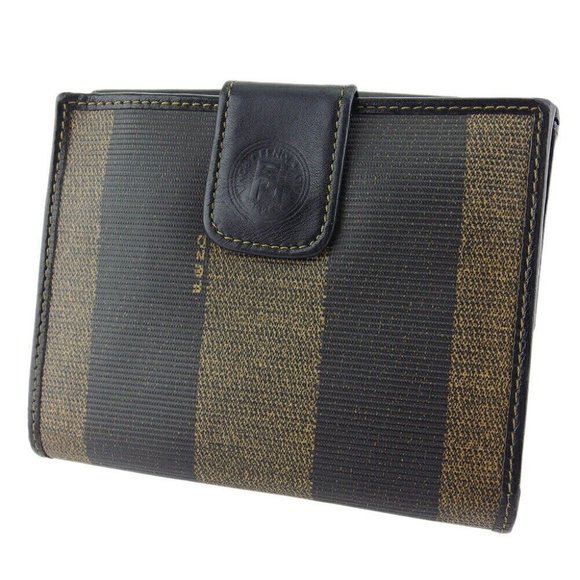 FENDI W Hook Wallet Pecan Beige PVC x Leather Authentic USED - Picture 1 of 11